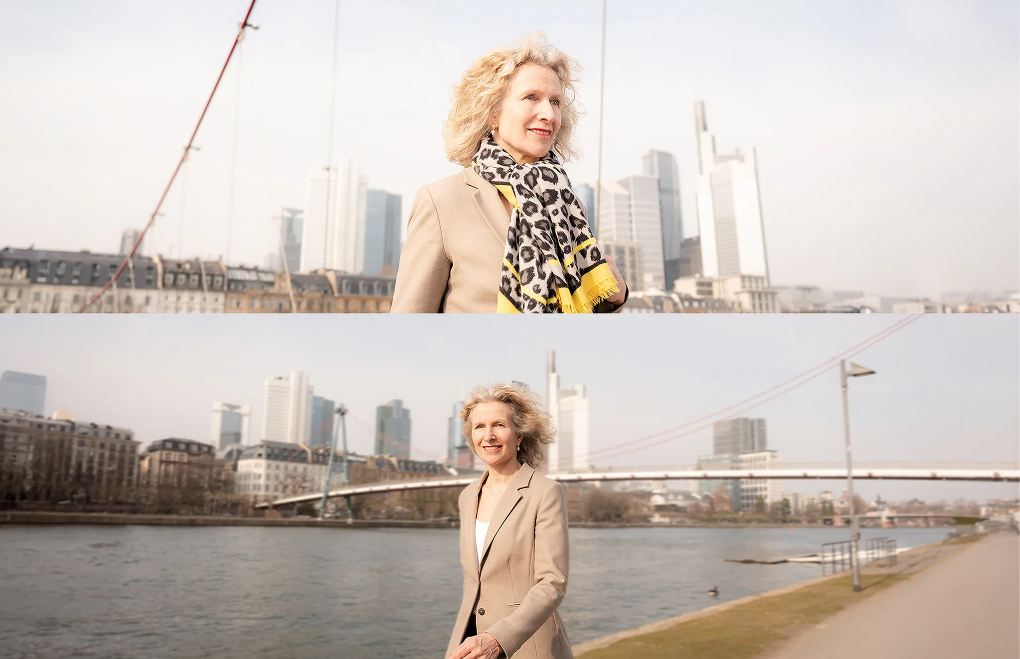Carola Kamuff – zwei Portraitaufnahmen mit Frankfurter Skyline und Mainufer